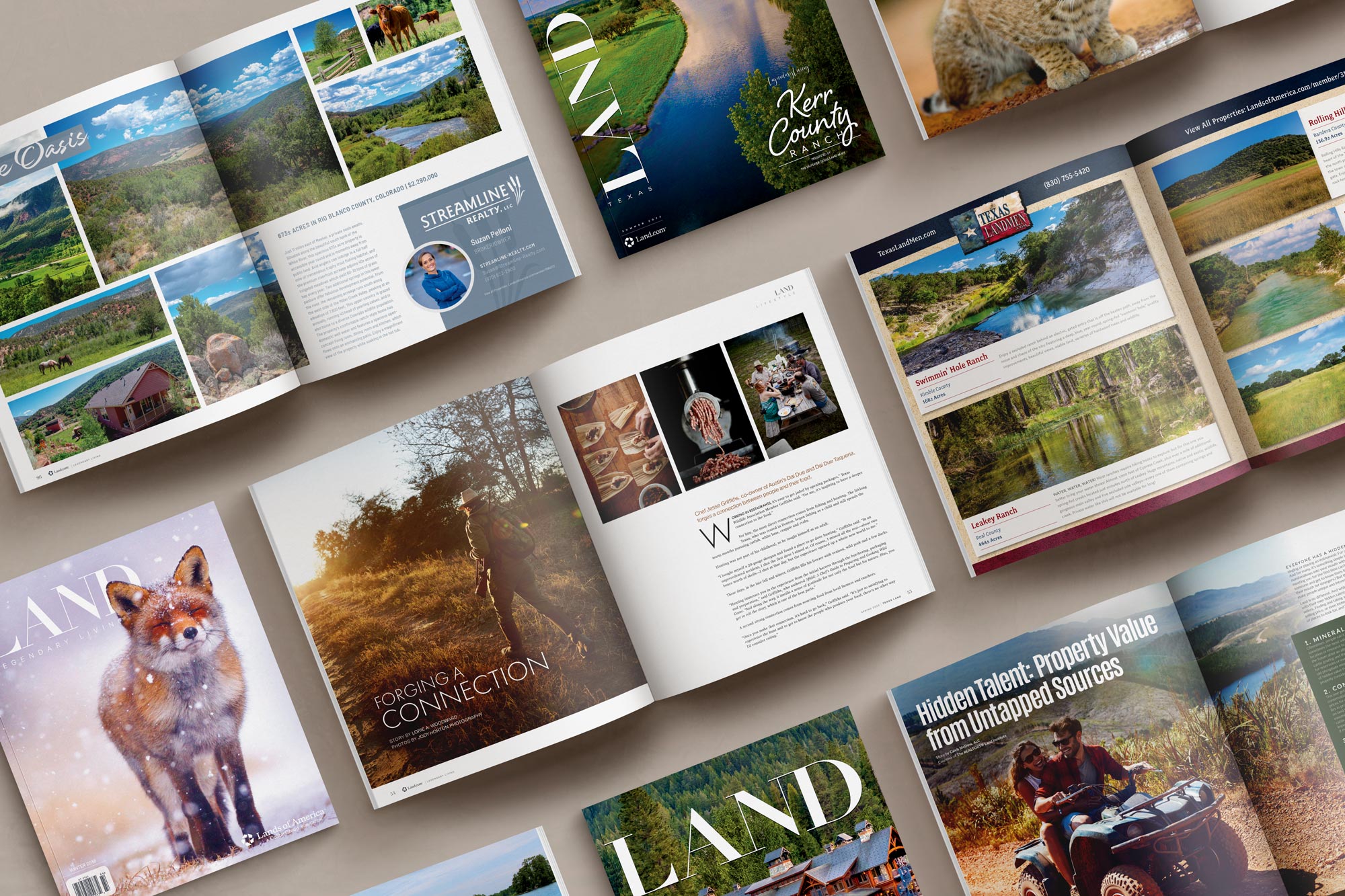 arial shot of covers and interior pages of LAND magazines
